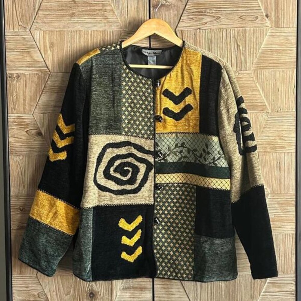 Indigo Moon Women's Outerwear Patchwork Jacket Green Yellow Black Size L